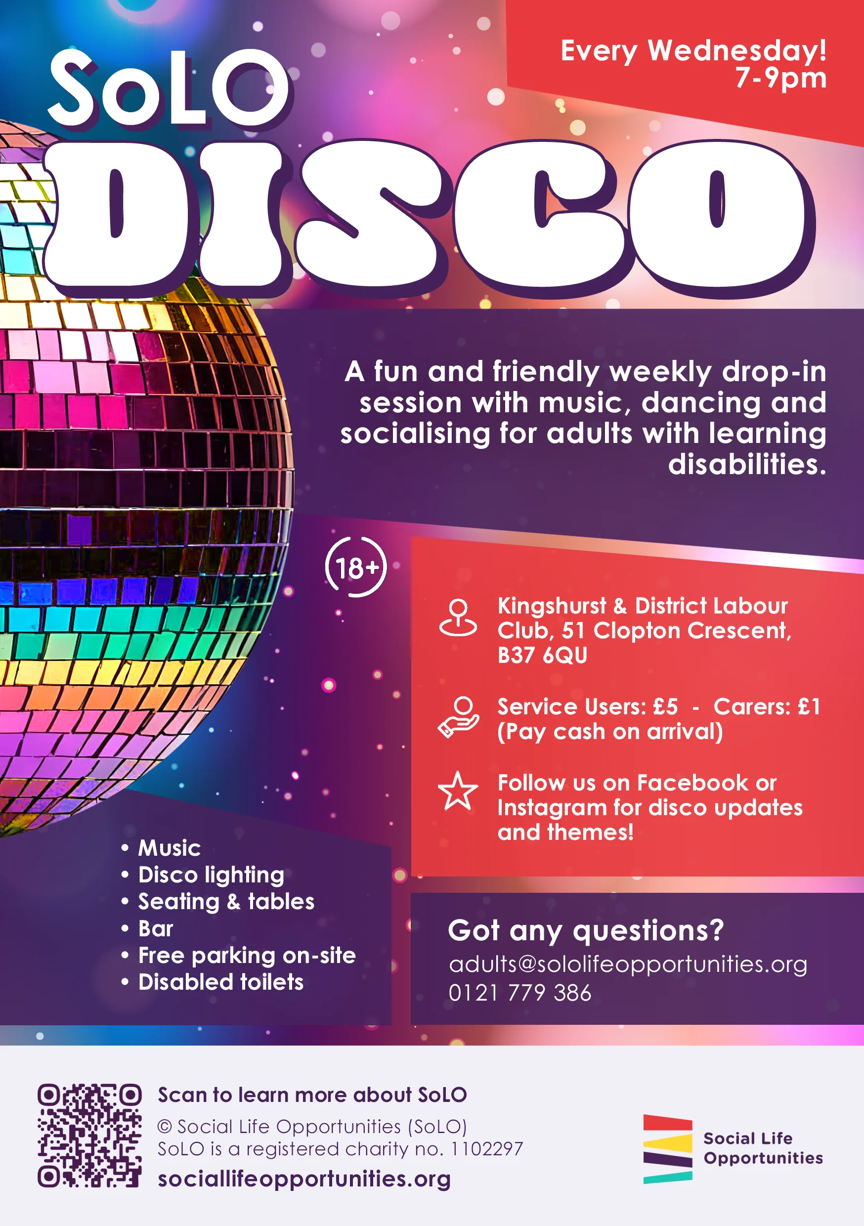 Colourful flyer promoting SoLO Disco details