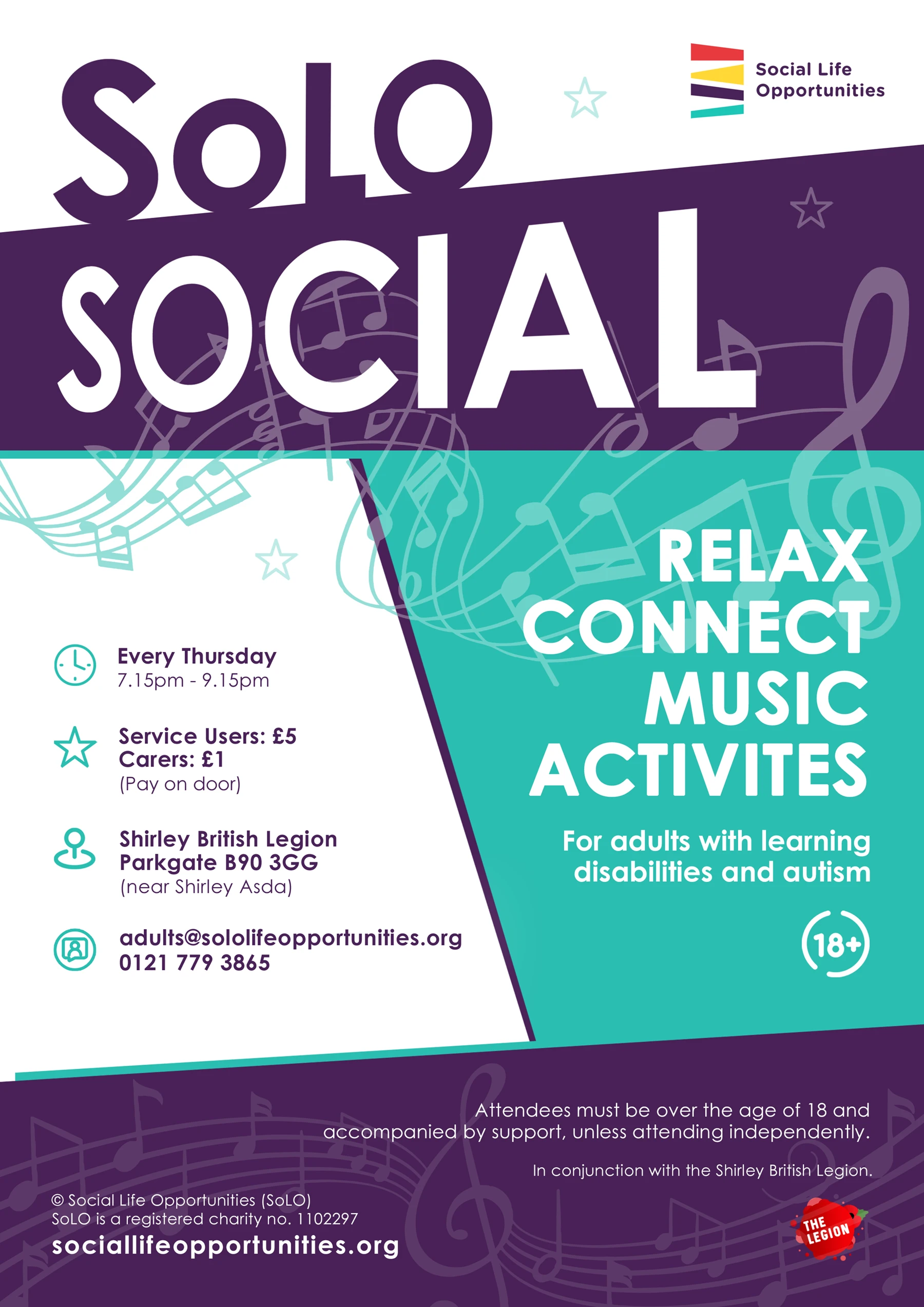 SoLO Social Flyer - Simple branded green and purple SoLO colours with musical notes to decorate